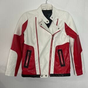 Botaobabe Kids Red & White Faux Leather Motorcycle Jacket, Outerwear 13-14 Years